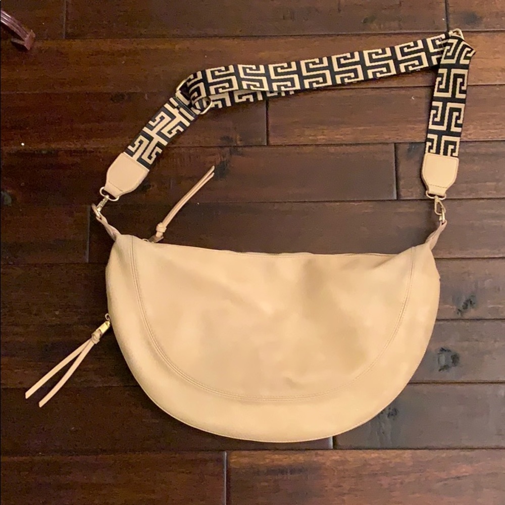 Anthropologie Cream Hobo Bag with Black Patterned Strap
